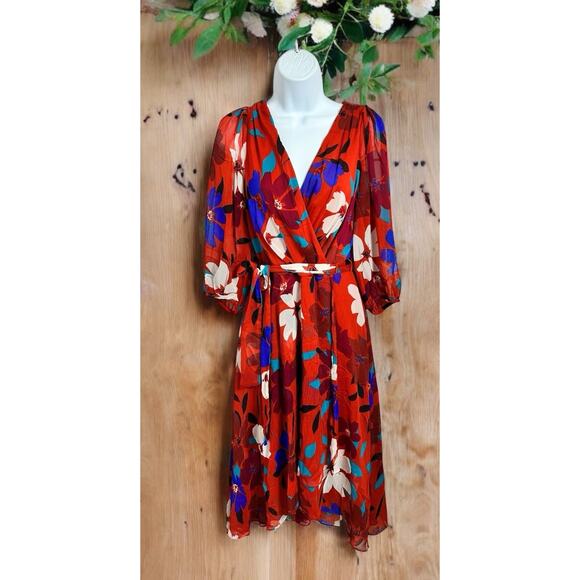 Chaps Floral Wrap Midi Dress Sz 8 Lined 3/4 Sleeve Colorful Belt V-Neck - Picture 1 of 8